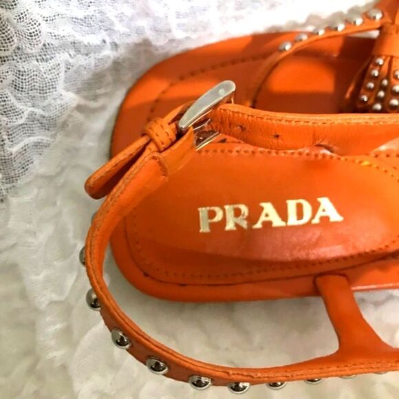 Prada Stud Tassel Orange Leather Sandals Size 38 - Picture 7 of 9